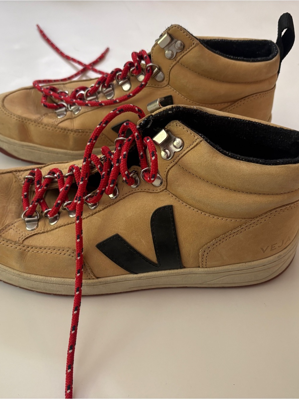 VEJA  Tan Leather High-Top Sneakers with Red Laces